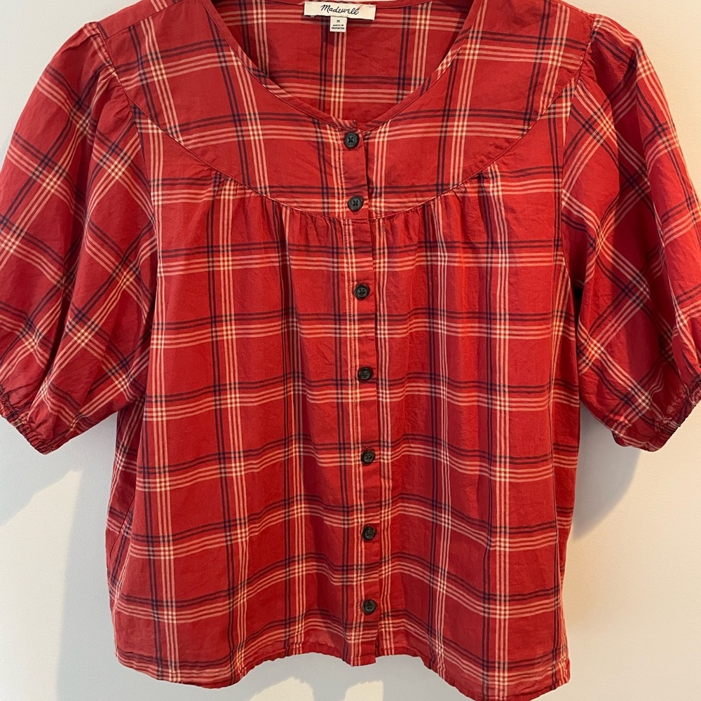 Madewell short sleeve plaid blouse